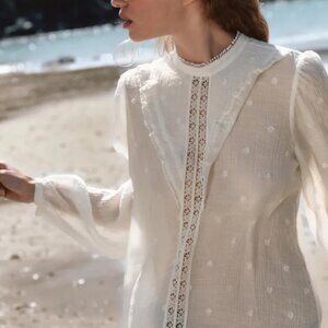 NWT ZARA White Sheer Lace Trim Swiss Dot Blouse - High Neck - Bohemian